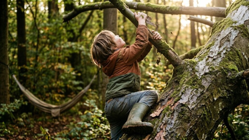 Naturaktiviteter for børn: sjove idéer til hele året 5 Barn klatrer op ad en mosset væltet bøgestamme i skoven