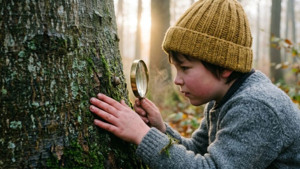 Naturaktiviteter for børn: sjove idéer til hele året 4 Barn undersøger mosset bark med en lup en tåget efterårsmorgen
