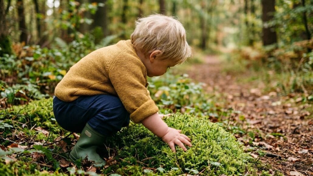 Naturaktiviteter for børn: sjove idéer til hele året 8 Lille barn på 2 år mærker blødt mos i skovbunden