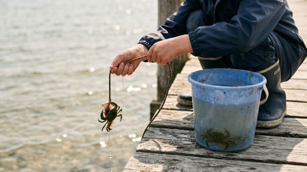 Naturaktiviteter for børn: sjove idéer til hele året 7 Barn fanger krabber fra en træmole med snor og spand ved kysten