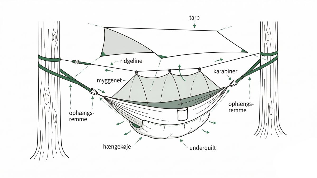Guide til hængekøjer — sådan vælger du den rigtige til outdoor i 2026 6 Hængekøje-anatomi — ophængsremme, karabiner, ridgeline, myggenet, tarp og underquilt