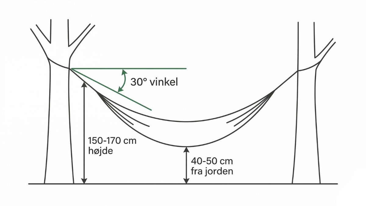 Guide til hængekøjer — sådan vælger du den rigtige til outdoor i 2026 9 Korrekt ophængningsvinkel — 30 grader, 150-170 cm højde