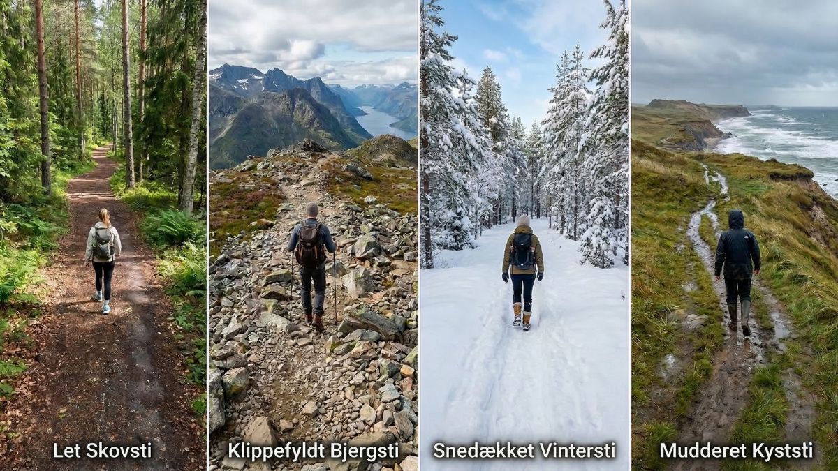 Fire forskellige vandretyper — dagstur, weekend, langdistance og vinter