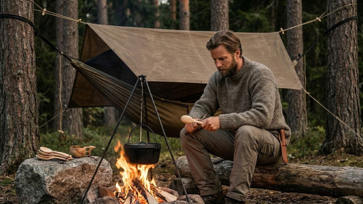 Guide til hængekøjer — sådan vælger du den rigtige til outdoor i 2026 5 Bushcraft hængekøje-lejr med bål og træskæring