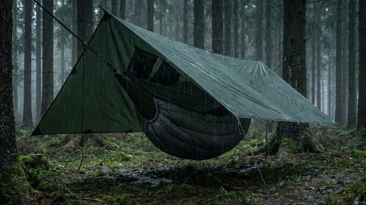 Guide til hængekøjer — sådan vælger du den rigtige til outdoor i 2026 4 Ekspeditions-hængekøje med storm-tarp i regnvejr