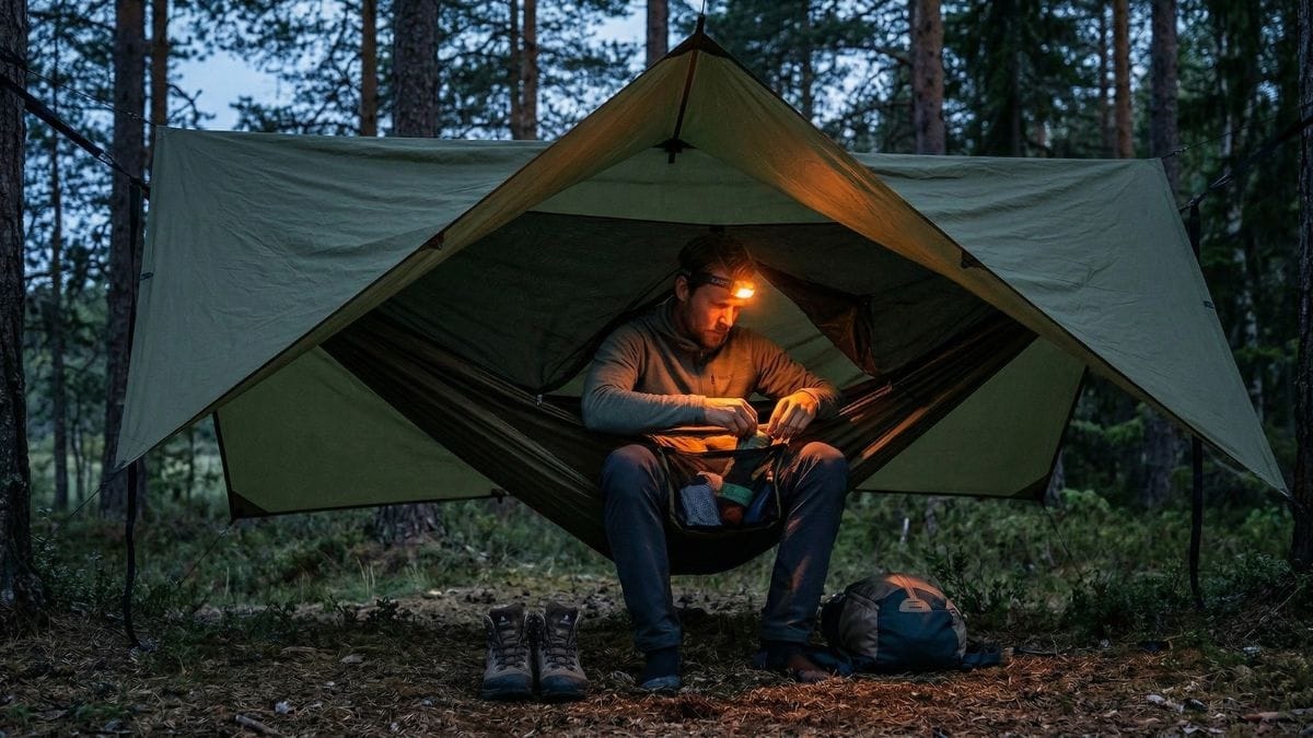 Guide til hængekøjer — sådan vælger du den rigtige til outdoor i 2026 3 Hængekøje overnight setup med tarp i tusmørke