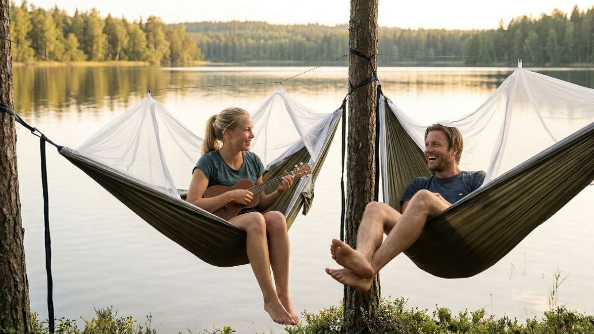 Guide til hængekøjer — sådan vælger du den rigtige til outdoor i 2026 12 Venner i hængekøjer ved sø på sommeraften