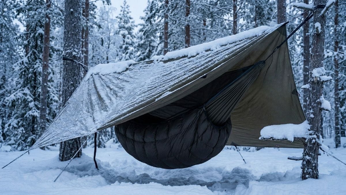 Guide til hængekøjer — sådan vælger du den rigtige til outdoor i 2026 14 Vinter hængekøje-setup med sne og down underquilt