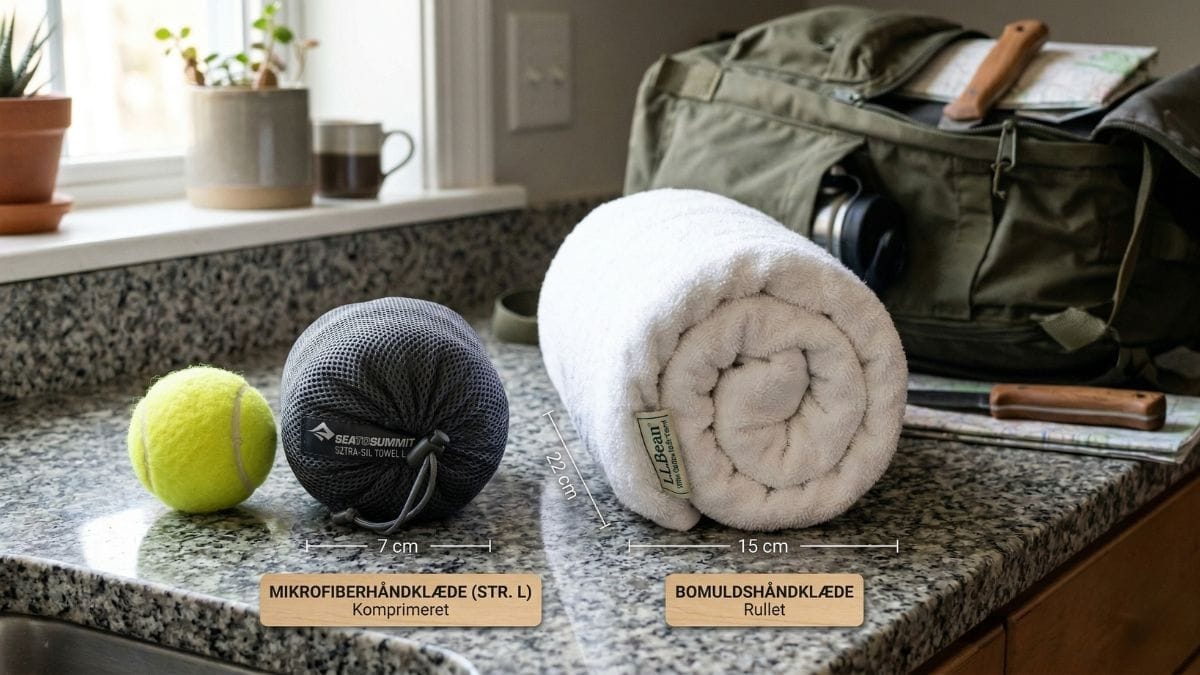 Sammenligning af pakkestørrelse mellem microfiber og bomuld håndklæde