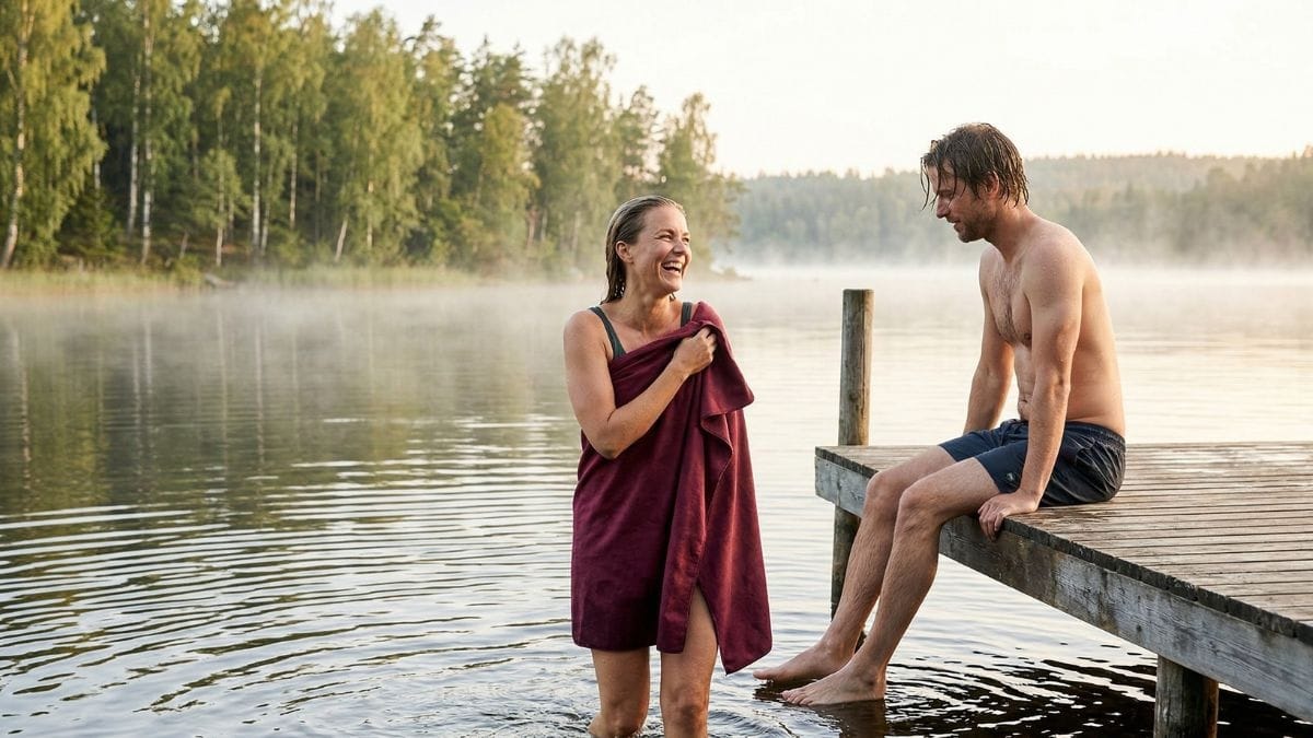 Par ved skandinavisk sø med stort microfiber badehåndklæde