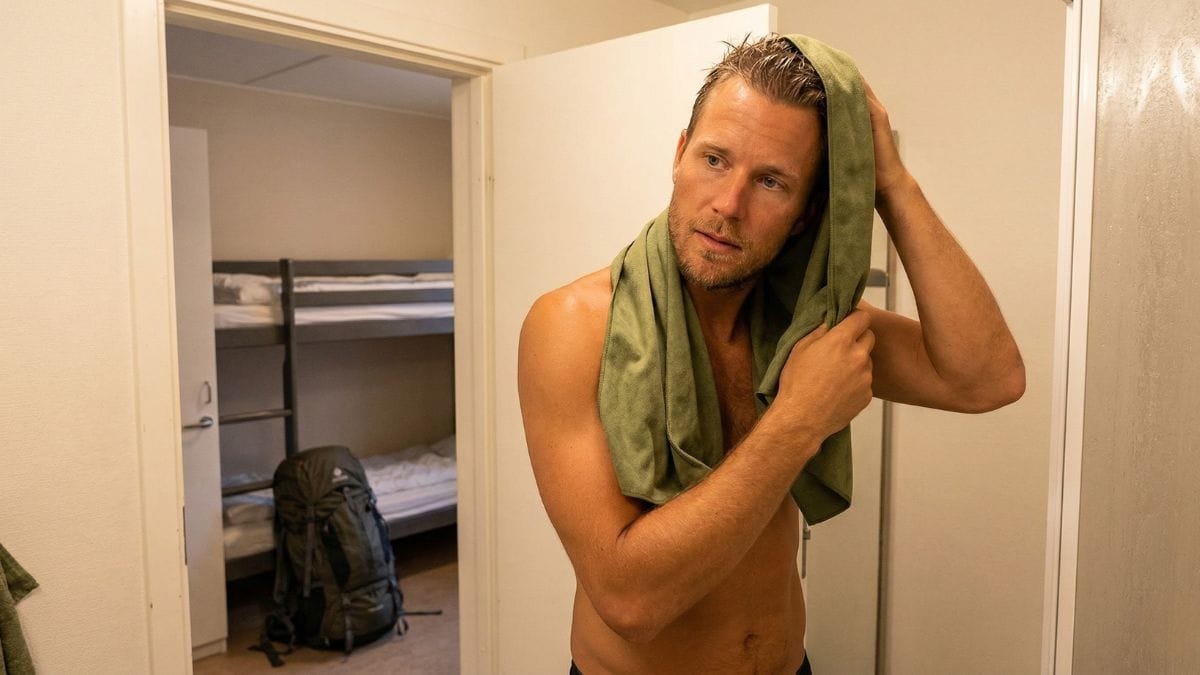 Backpacker med olive microfiber rejsehåndklæde på hostel