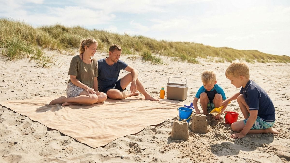 Familie på dansk strand med XL microfiber håndklæde