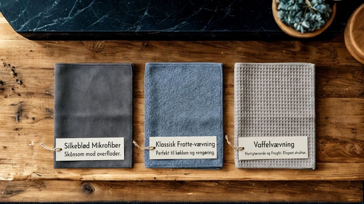 Close-up af tre microfiber teksturer — suede, terry og waffle