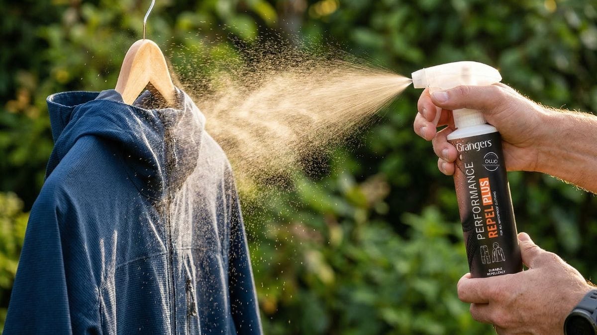 Imprægnering af jakker, sko og telte — komplet guide 2026 1 Person sprayer imprægnering på en mørkeblå vandrejakke hængende på bøjle udendørs