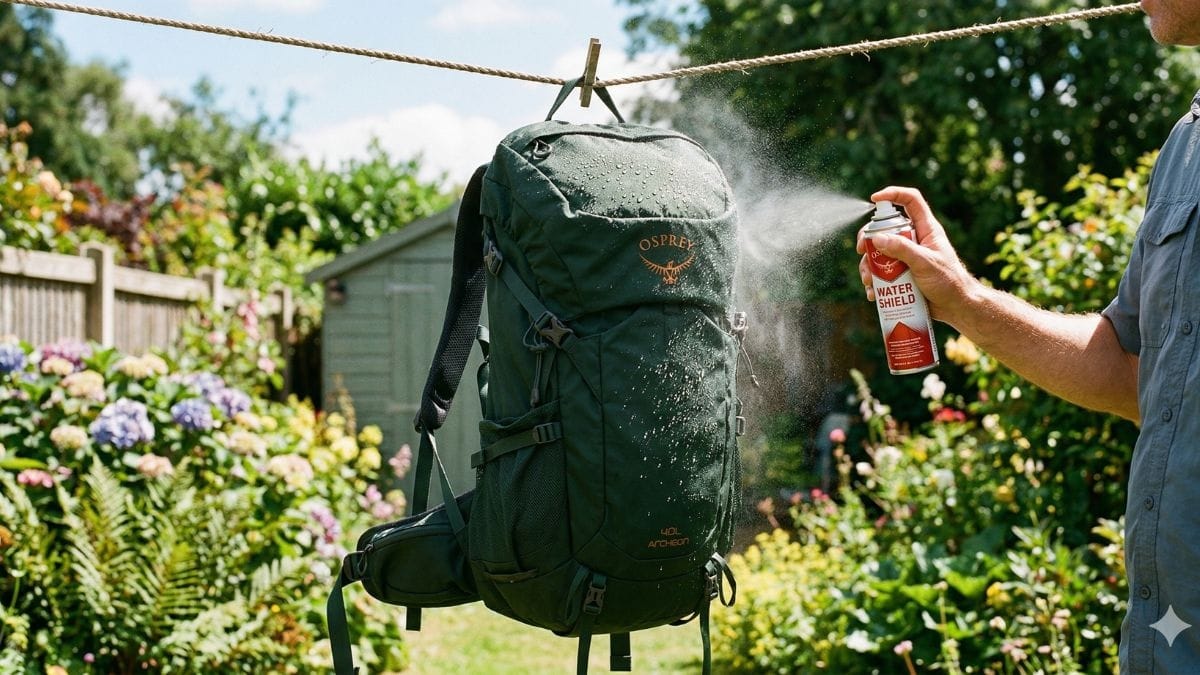 Imprægnering af jakker, sko og telte — komplet guide 2026 5 Vandrerygsæk imprægneres med vandafvisende spray