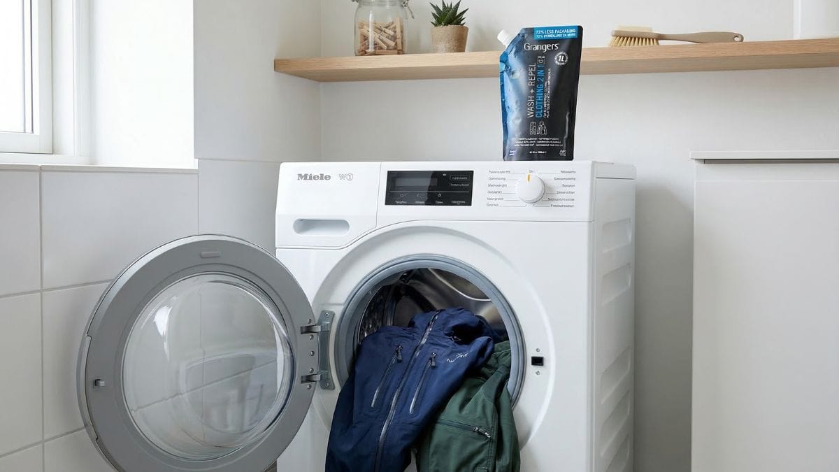 Imprægnering af jakker, sko og telte — komplet guide 2026 2 Vandrejakker i åben vaskemaskine med wash-in imprægnering klar til brug