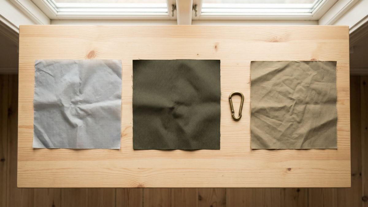 Tre materialeprøver — nylon ripstop, Cordura og G-1000