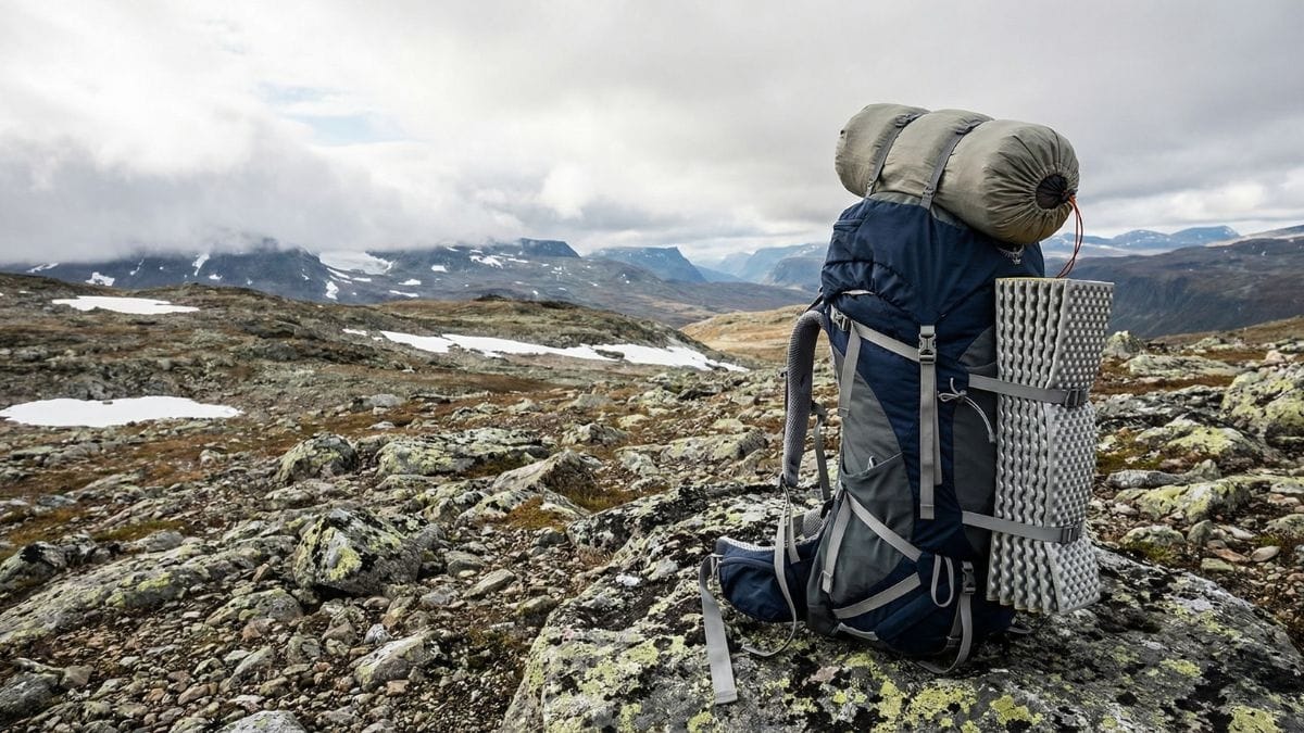 Fuldt pakket vandrerygsæk på skandinavisk fjeldsti