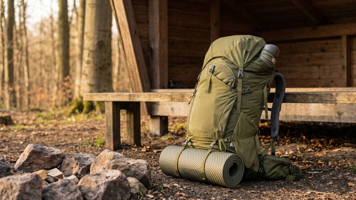 Vandrerygsæk til weekendtur ved shelter i bøgeskov