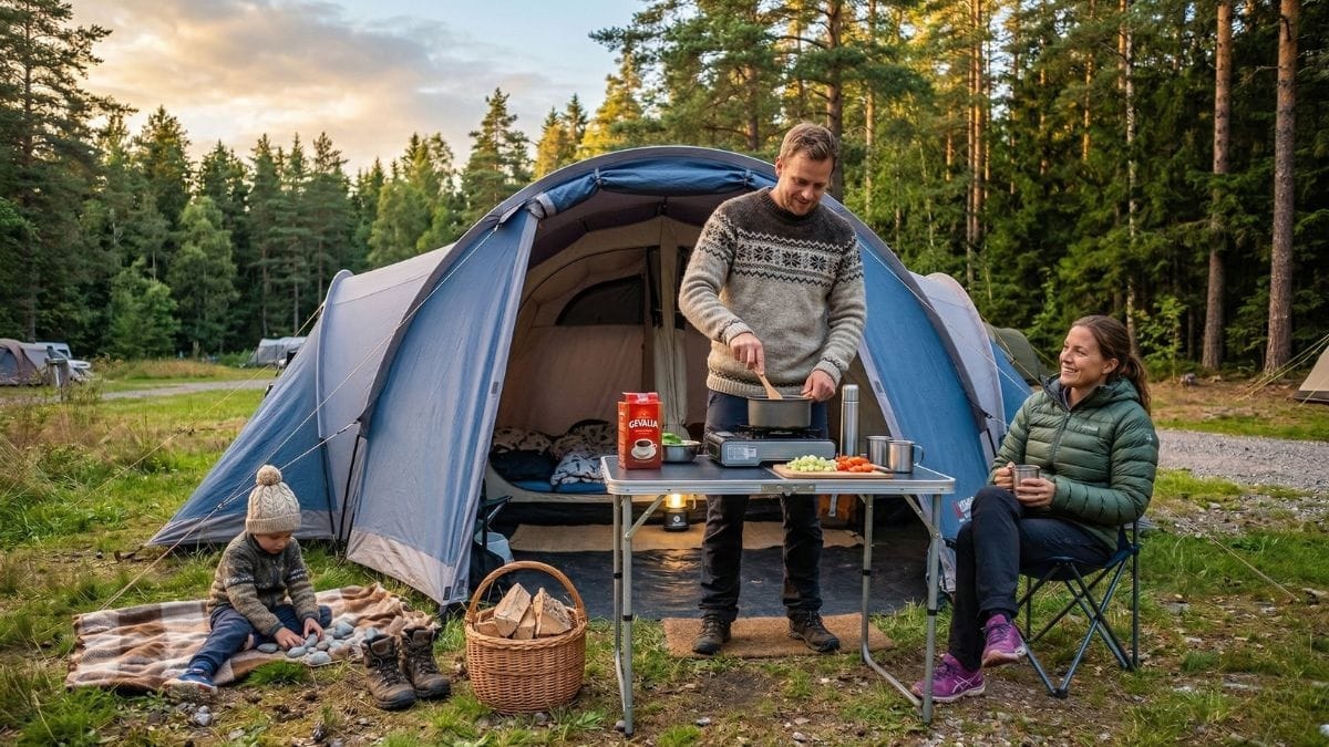 Telt guide 2026 — sådan vælger du det rigtige telt 3 Familie med stort blåt tunneltelt og campingmadlavning i nordisk skov