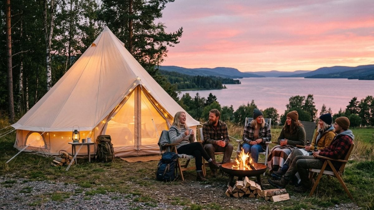 Telt guide 2026 — sådan vælger du det rigtige telt 4 Gruppe venner ved oplyst tipi-telt med bål og solopgang over sø