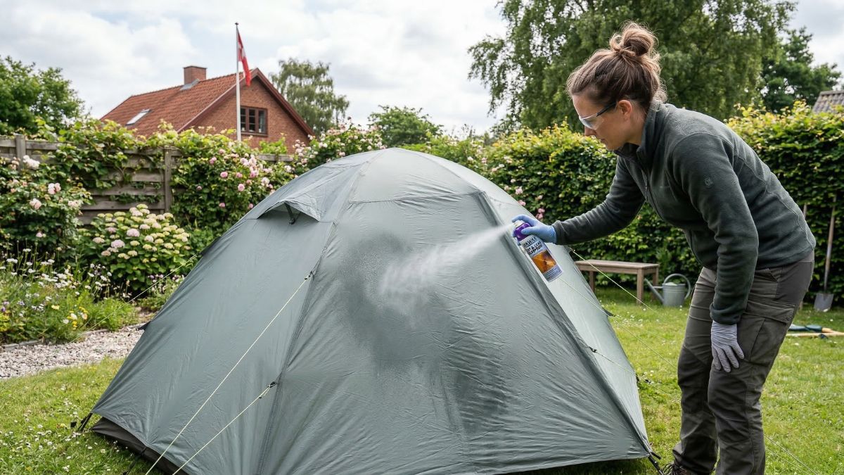 Rengøring af jordslået telt — vask, vedligeholdelse og imprægnering 8 Imprægnering af telt med spray efter vask i en dansk have