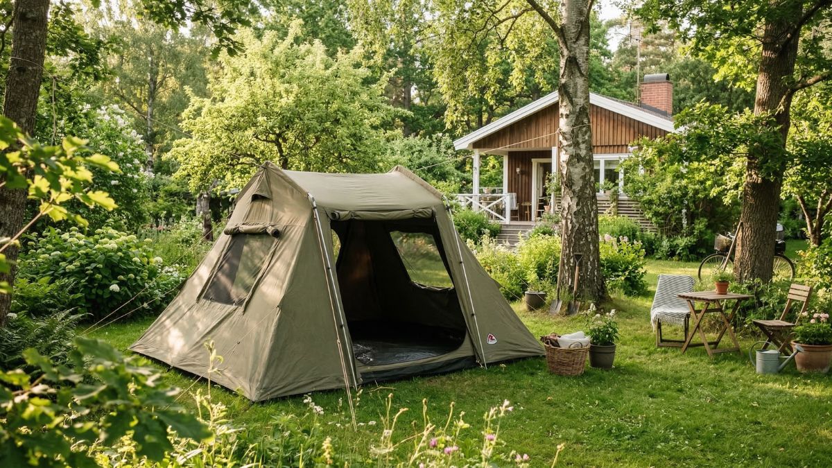Rengøring af jordslået telt — vask, vedligeholdelse og imprægnering 21 Telt slået op i skygge til lufttørring efter rengøring i en skandinavisk have