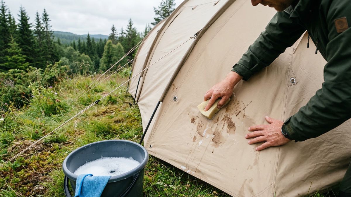 Rengøring af jordslået telt — vask, vedligeholdelse og imprægnering 2 Rengøring af jordslået telt med svamp og sæbevand udendørs