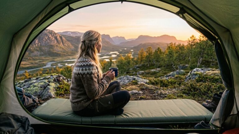 Liggeunderlag udfoldet i skandinavisk natur med telt og sovepose i baggrunden