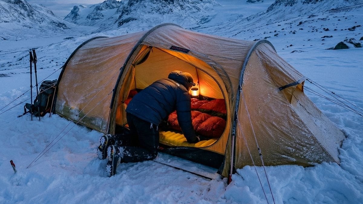 R-værdi i praksis — isoleret liggeunderlag og sovepose i vintertelt på snedækket fjeld