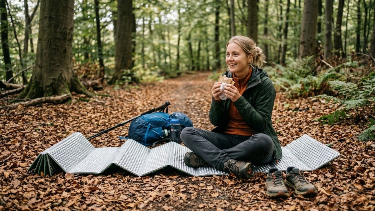 EVA skumunderlag med æggebakke-struktur udfoldet i dansk bøgeskov
