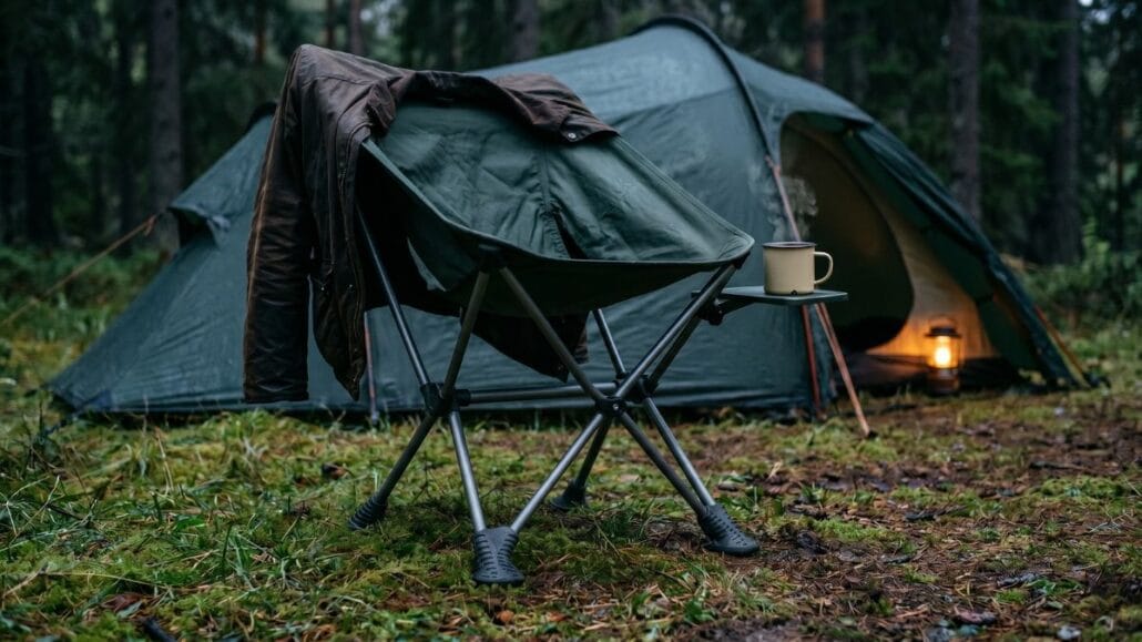 Campingstol — sådan vælger du den rigtige foldestol 13 Foldestol ved et telt i skumring med jakke over ryggen og lanterne-glød