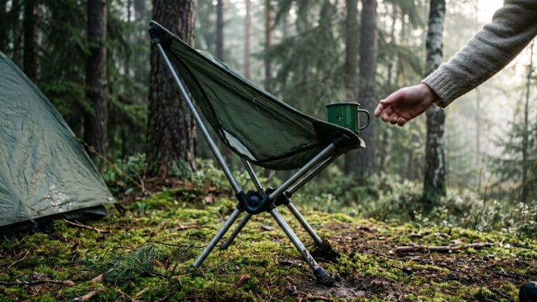 Campingstol — sådan vælger du den rigtige foldestol 31 Letvægts-campingstol opslået ved et telt i en mosset skov i skumring