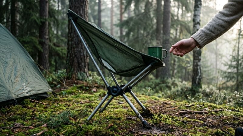Campingstol — sådan vælger du den rigtige foldestol Letvægts-campingstol opslået ved et telt i en mosset skov i skumring