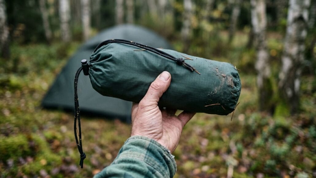 Campingstol — sådan vælger du den rigtige foldestol 11 En hånd holder en sammenpakket ultralet campingstol i sin lille pose