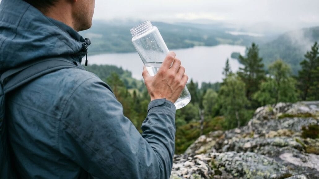 Drikkedunk og termoflaske til outdoor — sådan vælger du den rigtige 6 Vandrer drikker af en klar drikkedunk ved en nordisk udsigt