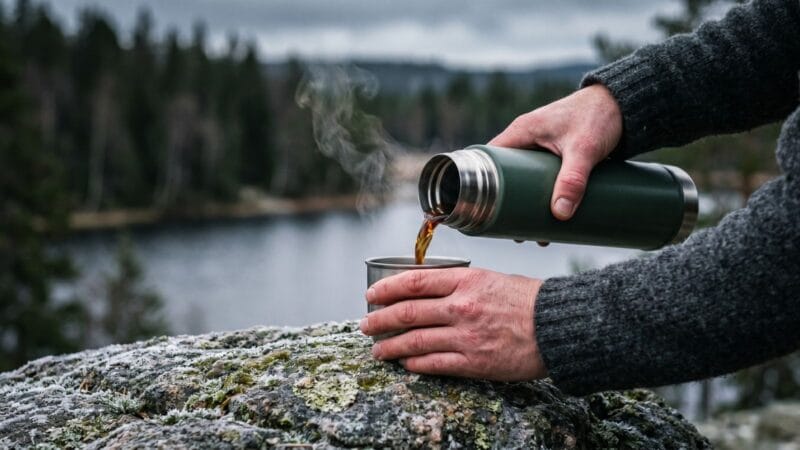 Drikkedunk og termoflaske til outdoor — sådan vælger du den rigtige Vandrer hælder dampende kaffe fra en termoflaske ved en frostig nordisk pause