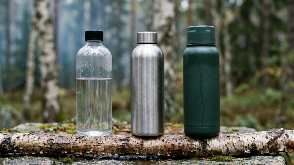 Drikkedunk og termoflaske til outdoor — sådan vælger du den rigtige 3 Tre drikkedunke side om side: klar Tritan-plast, børstet stål og isoleret termo