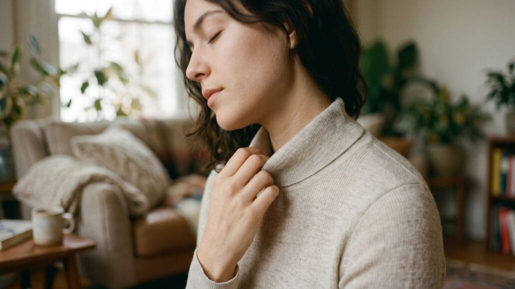 Merino uld — den komplette guide til egenskaber, brug og pleje 3 Person i et blødt merino base layer der rører ved den fine strik mod halsen