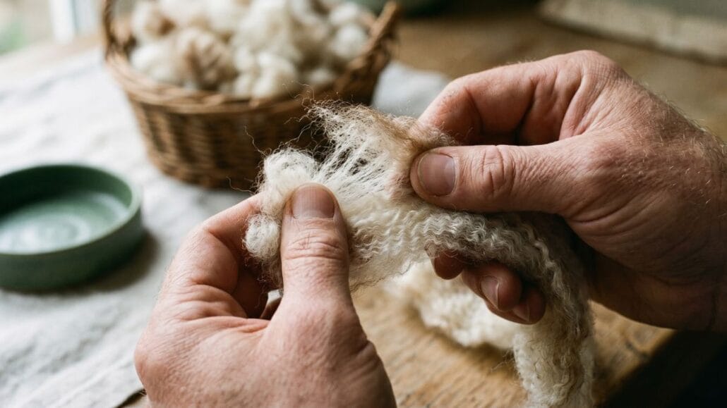 Merino uld — den komplette guide til egenskaber, brug og pleje 1 Hænder der trækker rå, ufarvet merinould fra hinanden og viser den fine krusede fiber
