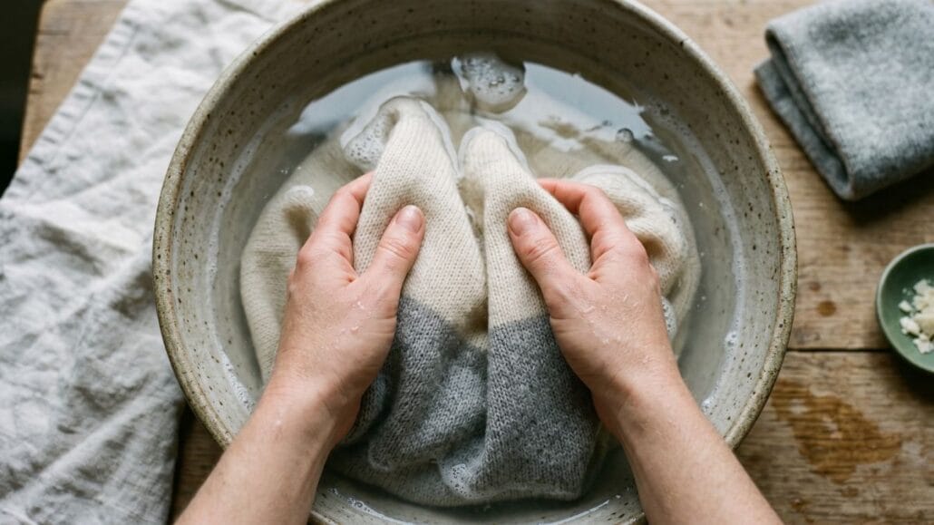 Merino uld — den komplette guide til egenskaber, brug og pleje 5 Hænder der forsigtigt håndvasker et merino-strik i en skål med lunkent vand