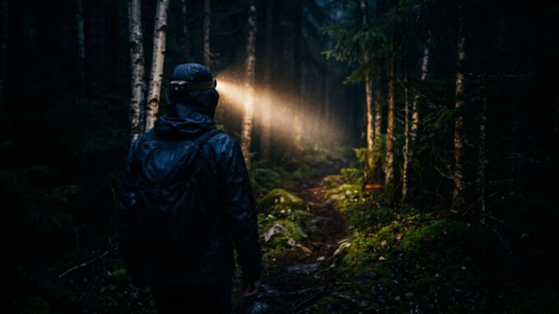 Pandelampe — sådan vælger du den rigtige hovedlygte Vandrer set bagfra på en mørk skovsti med pandelampens kegle gennem natten