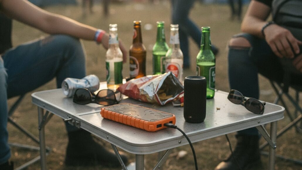 Powerbank til festival — sådan vælger du den rigtige 8 Powerbank forbundet til en Bluetooth-højttaler på et campingbord i en festival-camp med tomme flasker og rod