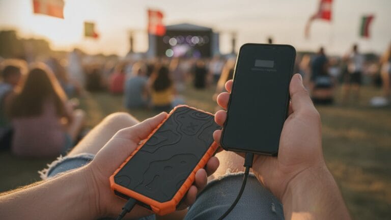 Festivalgæst lader sin telefon fra en robust sort-orange powerbank med festivalpladsen i baggrunden