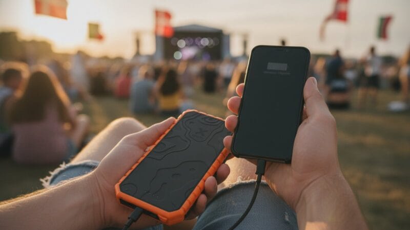 Powerbank til festival — sådan vælger du den rigtige Festivalgæst lader sin telefon fra en robust sort-orange powerbank med festivalpladsen i baggrunden