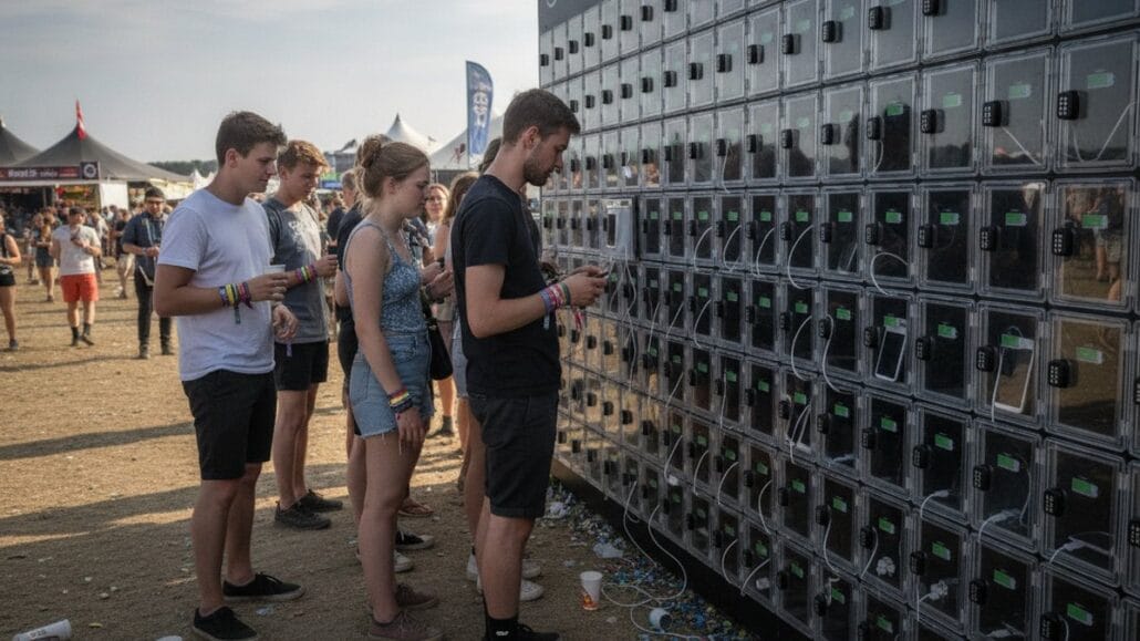 Powerbank til festival — sådan vælger du den rigtige 7 Kø af festivalgæster ved en opladningsstation med mange telefoner i ladebåse