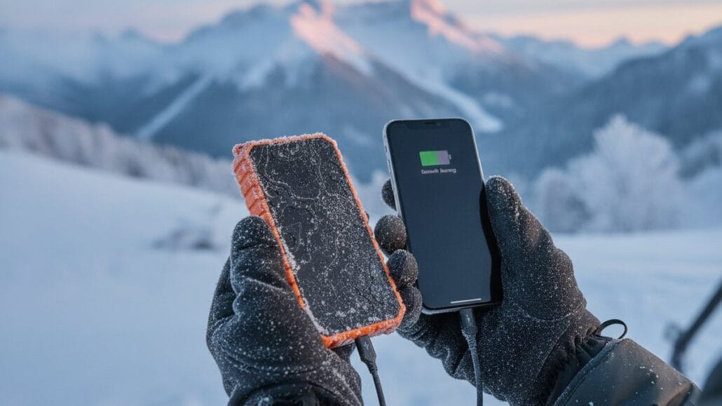 Behandskede hænder lader en telefon fra en robust powerbank i sne på en vintertur