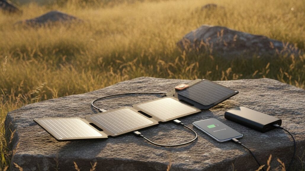 Solpanel på en sten oplader en powerbank og en smartphone ved en lejrplads