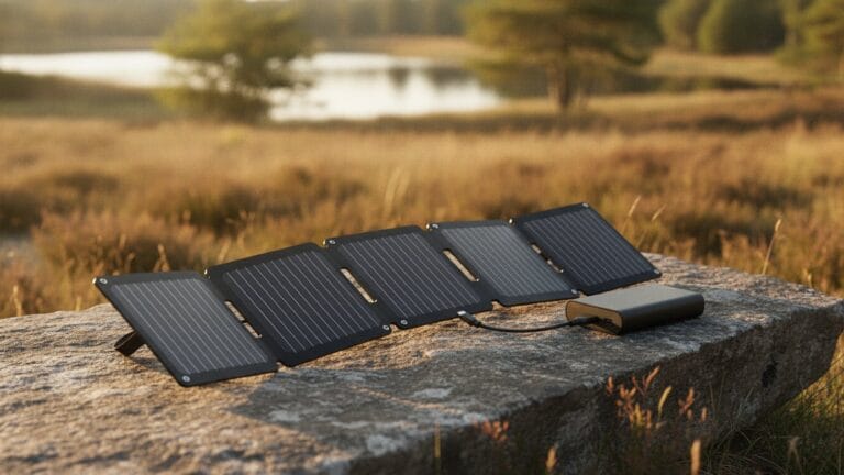 Sammenfoldeligt solpanel oplader en powerbank på en sten ved en sø i solen