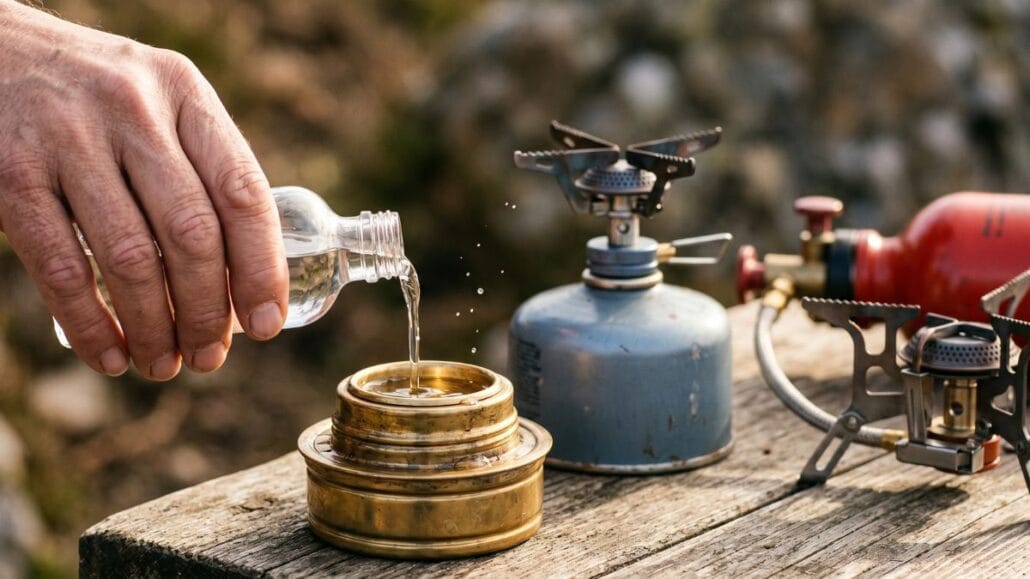 Stormkøkken — den komplette guide til camp cooking 10 Sprit hældes i en messingbrænder med en gasdåse og en multifuel-brænder bagved — de tre brændstof-typer